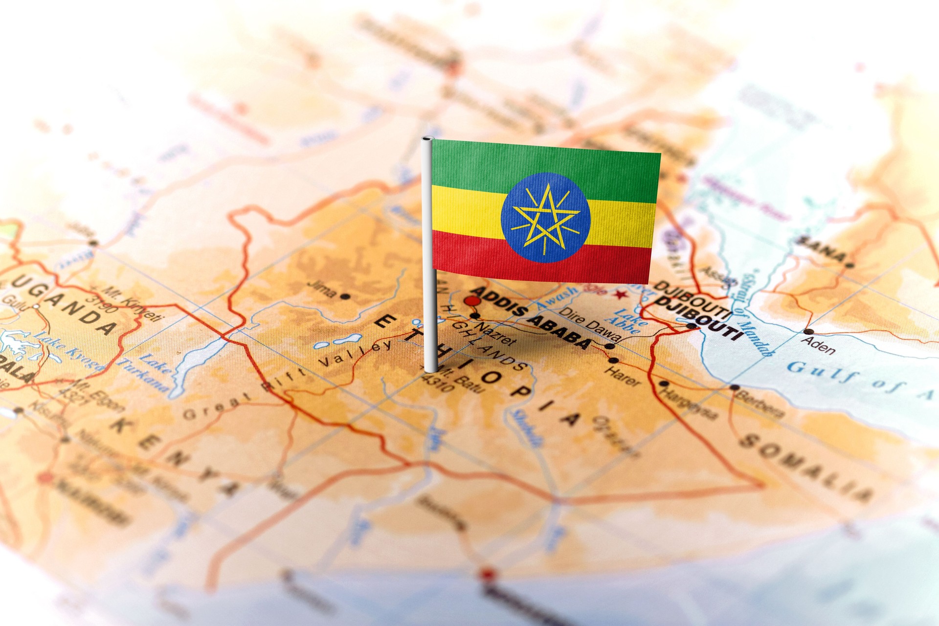Ethiopia pinned on the map with flag